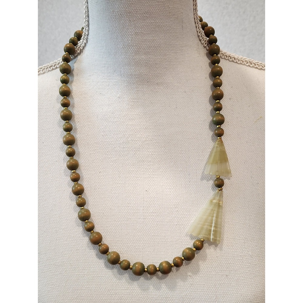 Vintage Green Wood Beaded Necklace Carved Stone Fan Pendants Asymmetrical Boho